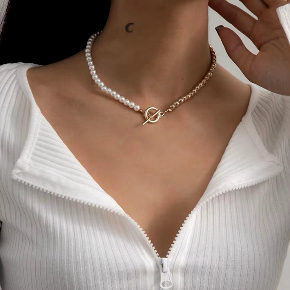 DAXI Beaded Choker Pearl Necklace for Women Gold Color Chain Necklace Pendant Collar Choker Chain Bead Necklace Vintage Jewelry